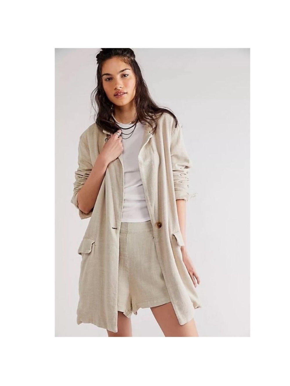 Free people Beige Lightweight Open Blazer Jacket and Short Set - Women